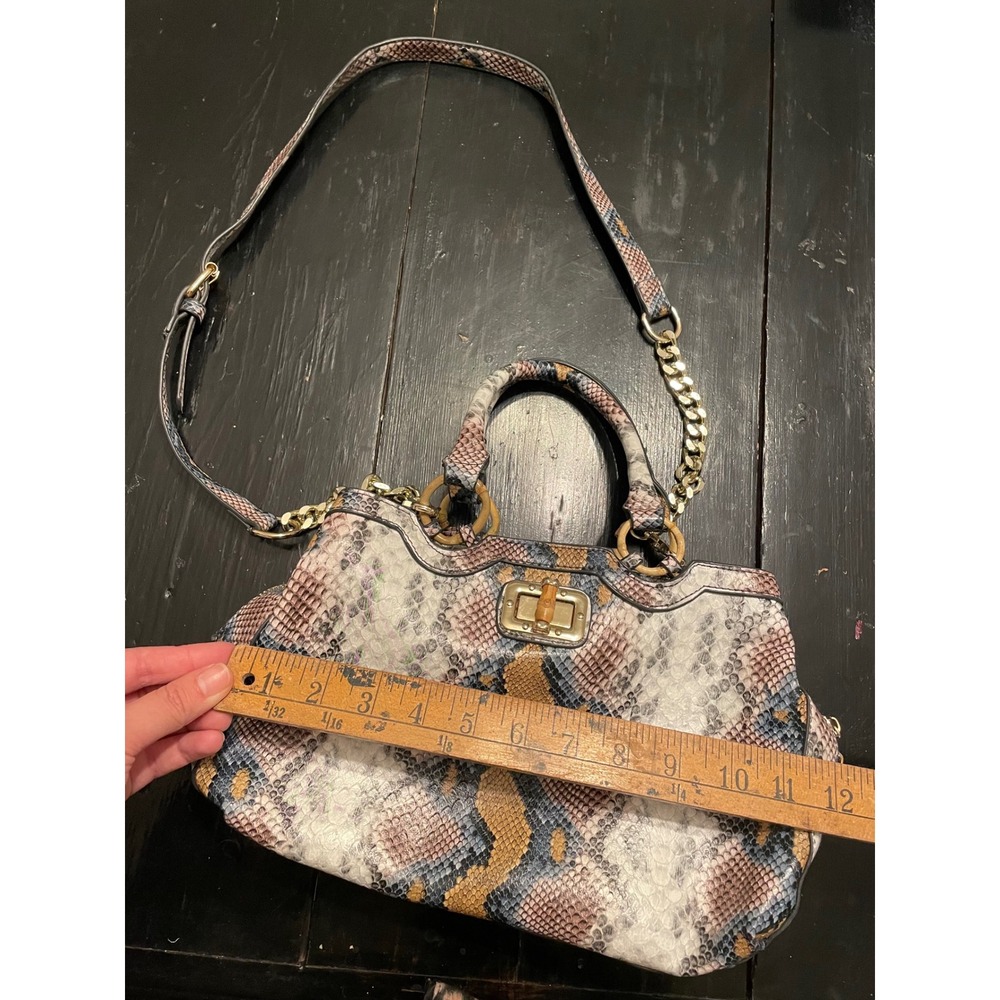 JustFab Womens Snakeskin Print Satchel Handbag Multi-Color Bamboo Detail - Picture 5 of 5